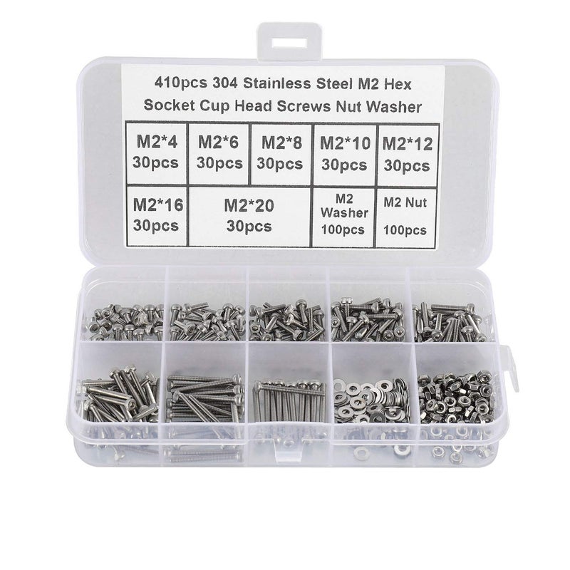 HanTof 410Pcs Tiny Hex Socket Head Cap Screws Bolts, 304 Stainless Steel M2 x 4/6/8/10/12/16/20mm, Micro Allen Head Machine Screws, Nuts and Washers Kit with Hex Wrench, Fully Threaded Pitch: 0.4mm - Image 5